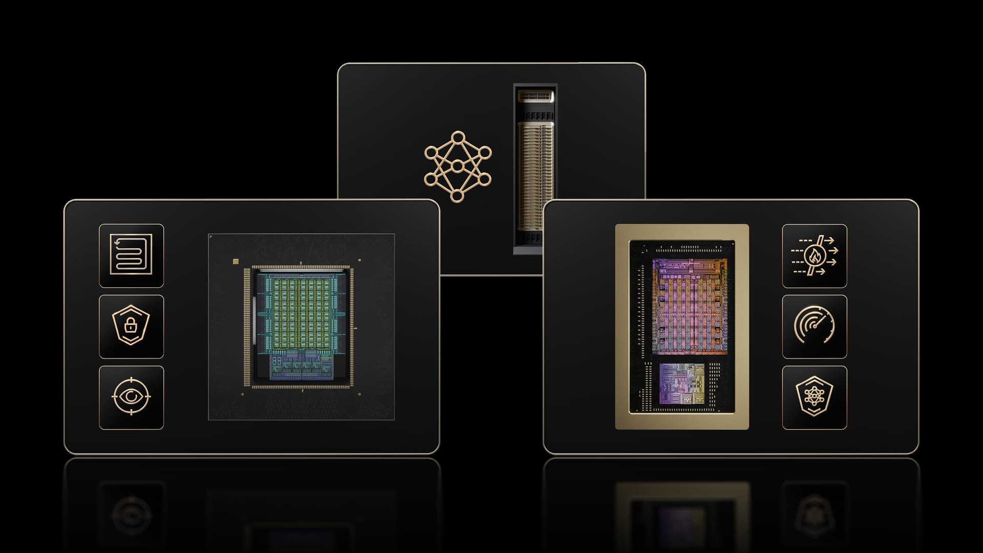 Tres tarjetas negras con bordes dorados que muestran chips, iconos de seguridad y red, y un icono de red neuronal en la central.