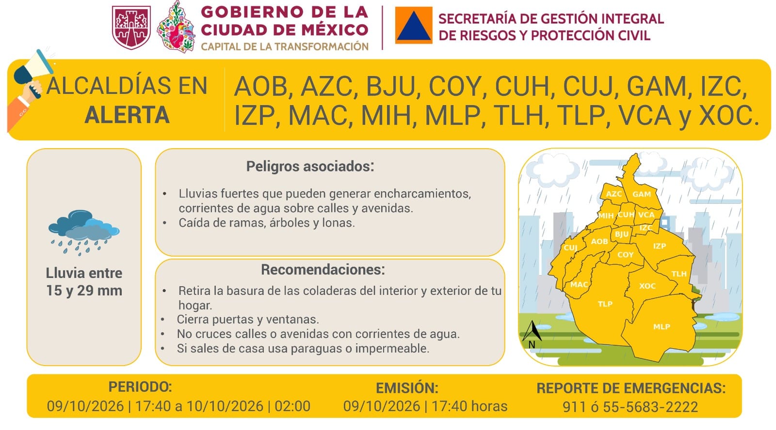 Mapa amarillo de las alcaldías de la Ciudad de México en alerta, con el periodo, los peligros y las recomendaciones del aviso.