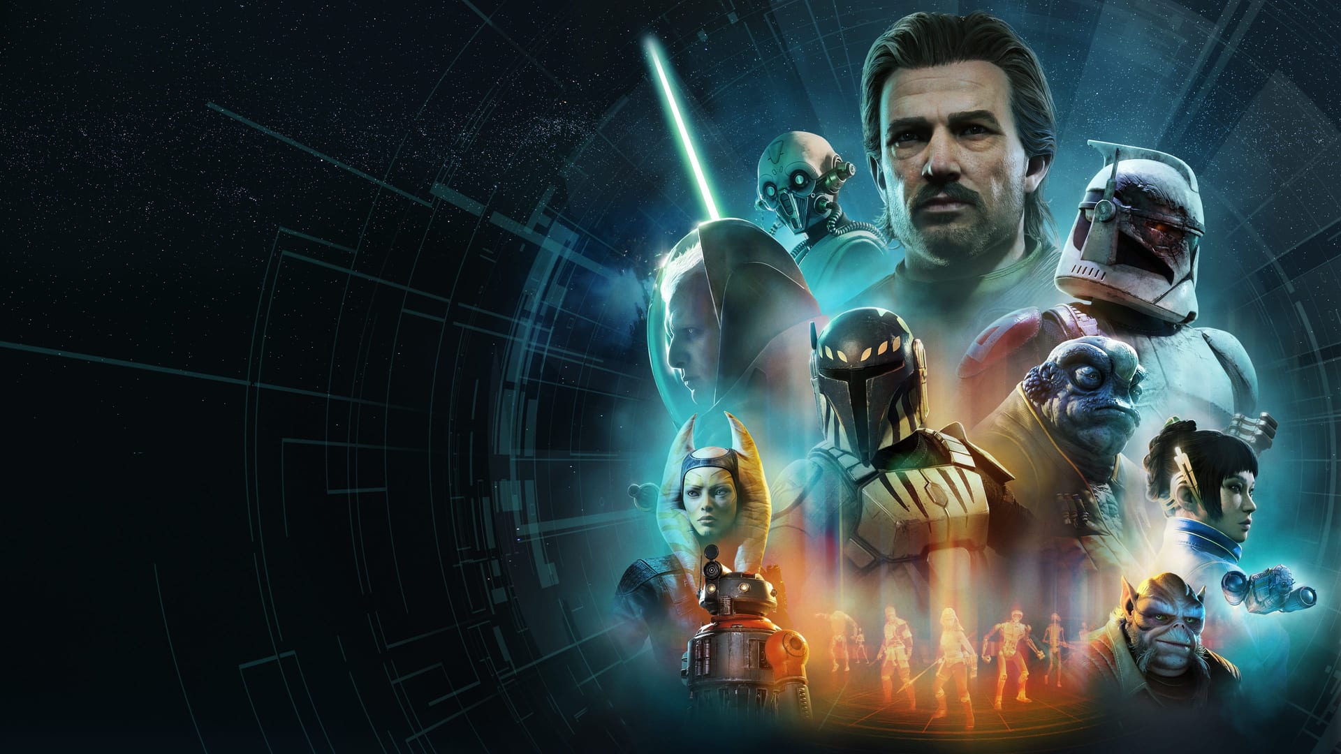 Official key art showing a mustached man at the center, surrounded by a clone trooper, a Mandalorian-style warrior, a Jedi with a green lightsaber, droids and aliens.