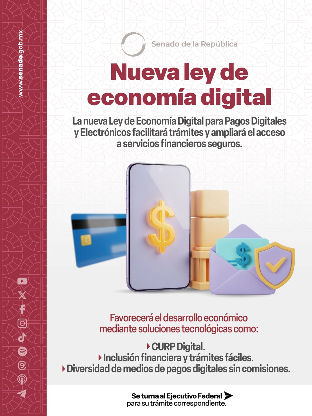 Lámina del Senado titulada Nueva ley de economía digital: facilitará trámites y ampliará el acceso a servicios financieros seguros, con CURP Digital, inclusión financiera y medios de pago digitales.