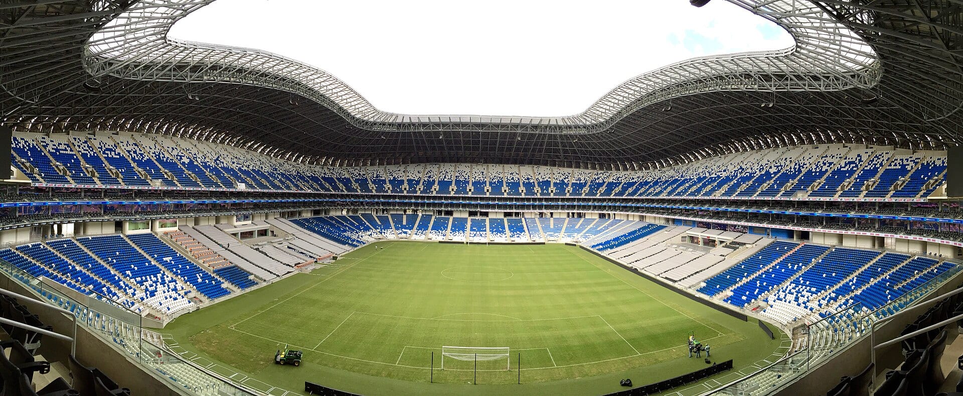 Panorámica del interior del Estadio BBVA, con sus gradas azules y blancas alrededor de una cancha vacía.