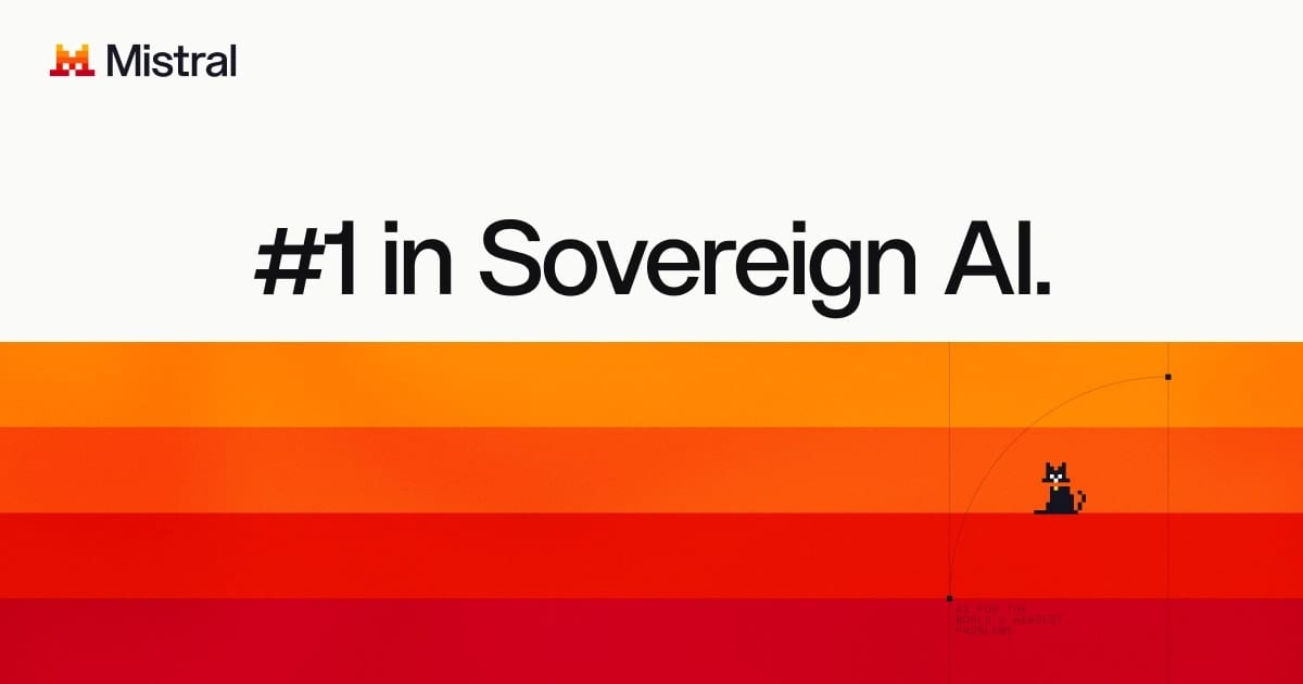 A card with the Mistral logo, the text "#1 in Sovereign AI" and horizontal orange and red stripes with a black pixel-art cat.