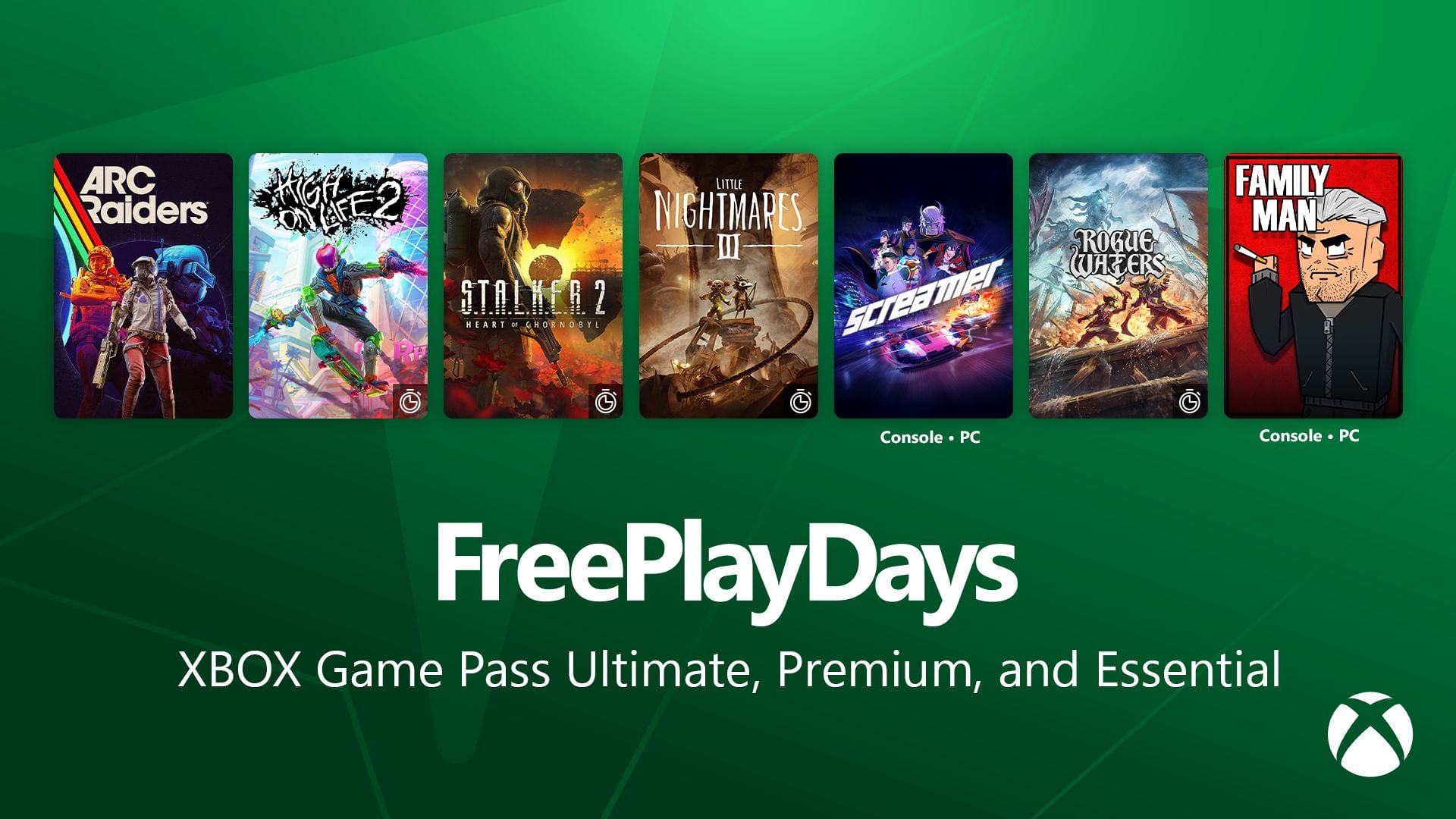 Siete portadas de juegos en fila sobre fondo verde, de ARC Raiders a Family Man, con el texto Free Play Days y los planes de Game Pass debajo.