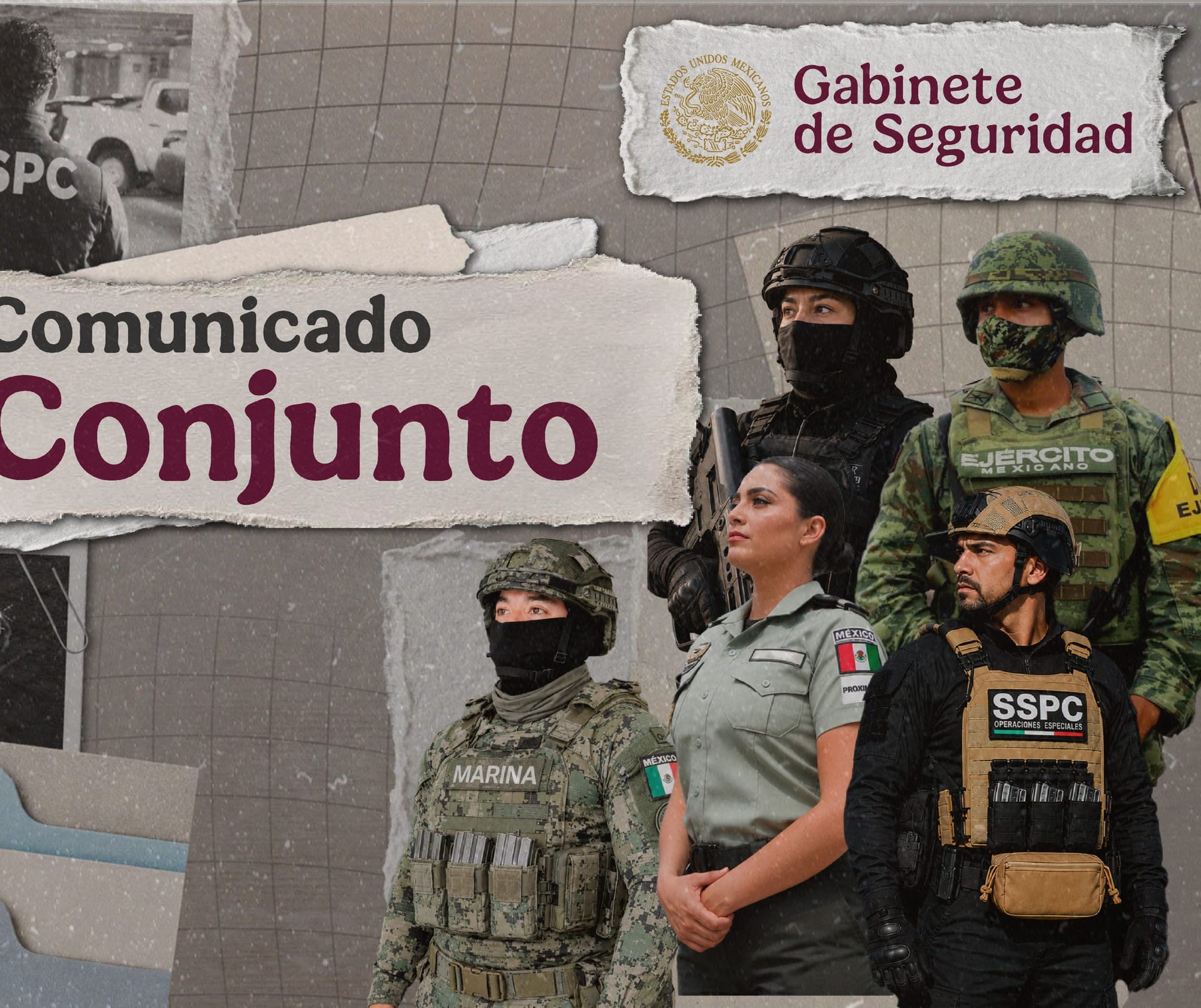 Gráfica del Gabinete de Seguridad con la leyenda Comunicado Conjunto y cinco elementos uniformados de la Marina, el Ejército, la Guardia Nacional y la SSPC.