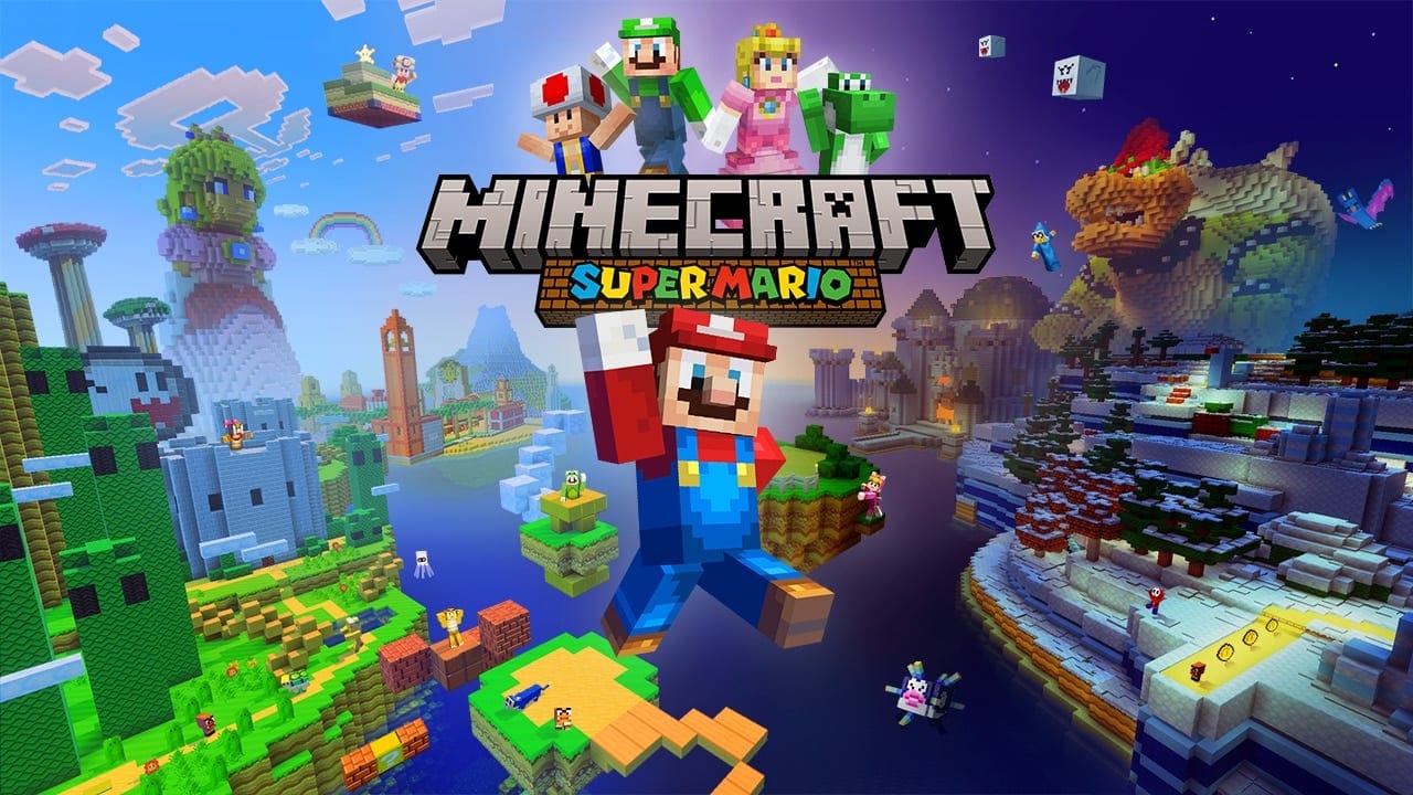 A block-built Mario leaps in the middle of a Minecraft world with castles, clouds and a giant Bowser made of cubes.