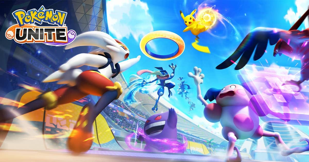 Cinderace, Pikachu, Greninja, Gengar and Mr. Mime fight over a scoring ring in a stadium, beneath the Pokémon Unite logo.