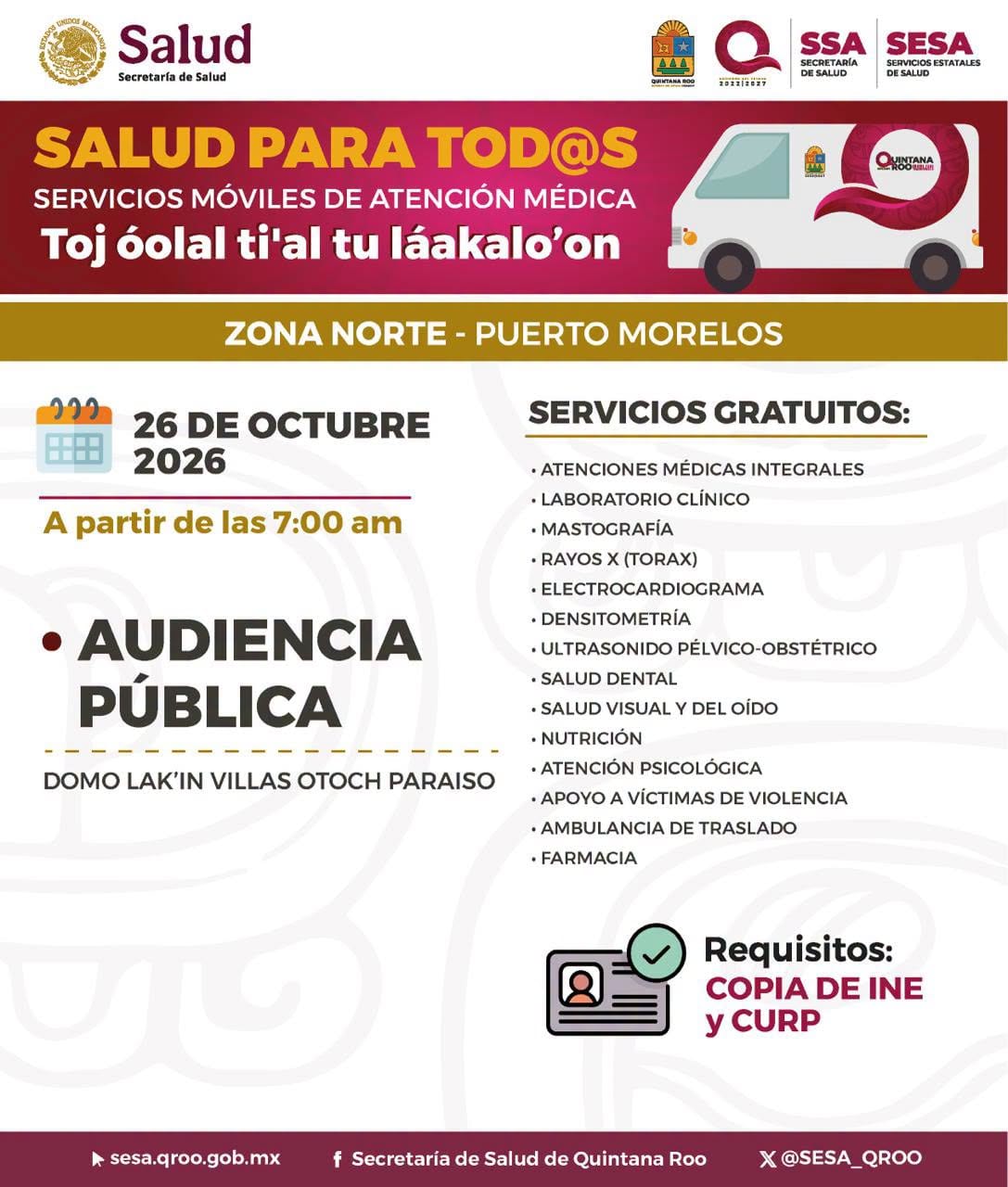 Lámina de Salud para Tod@s del 26 de octubre con la audiencia pública en el Domo Lak'in y los servicios gratuitos
