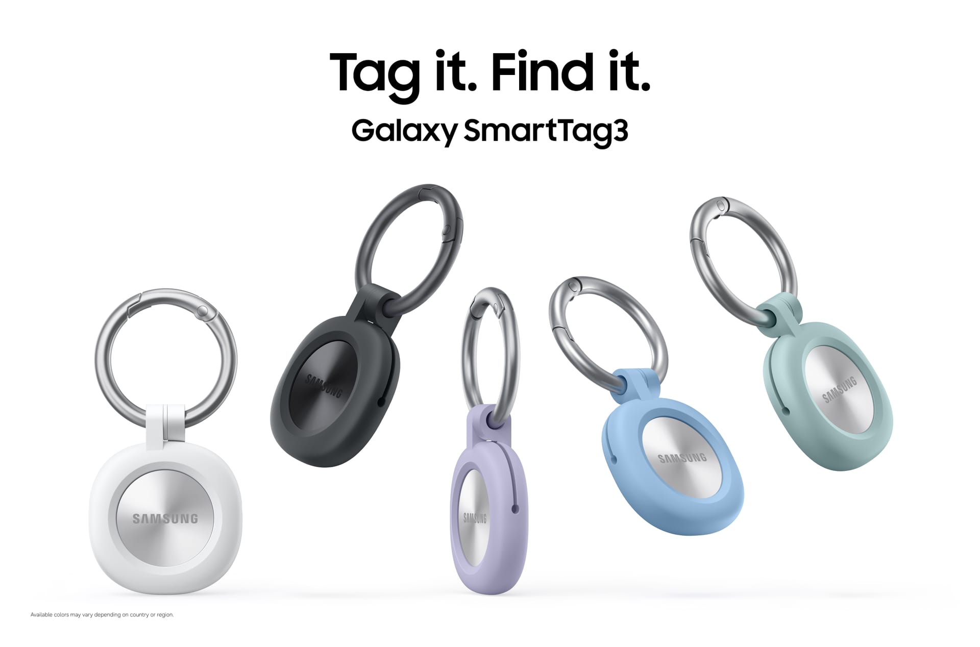 Cinco localizadores SmartTag3 plateados dentro de fundas de silicona con argolla, en blanco, negro, lila, azul y verde menta, sobre fondo blanco.