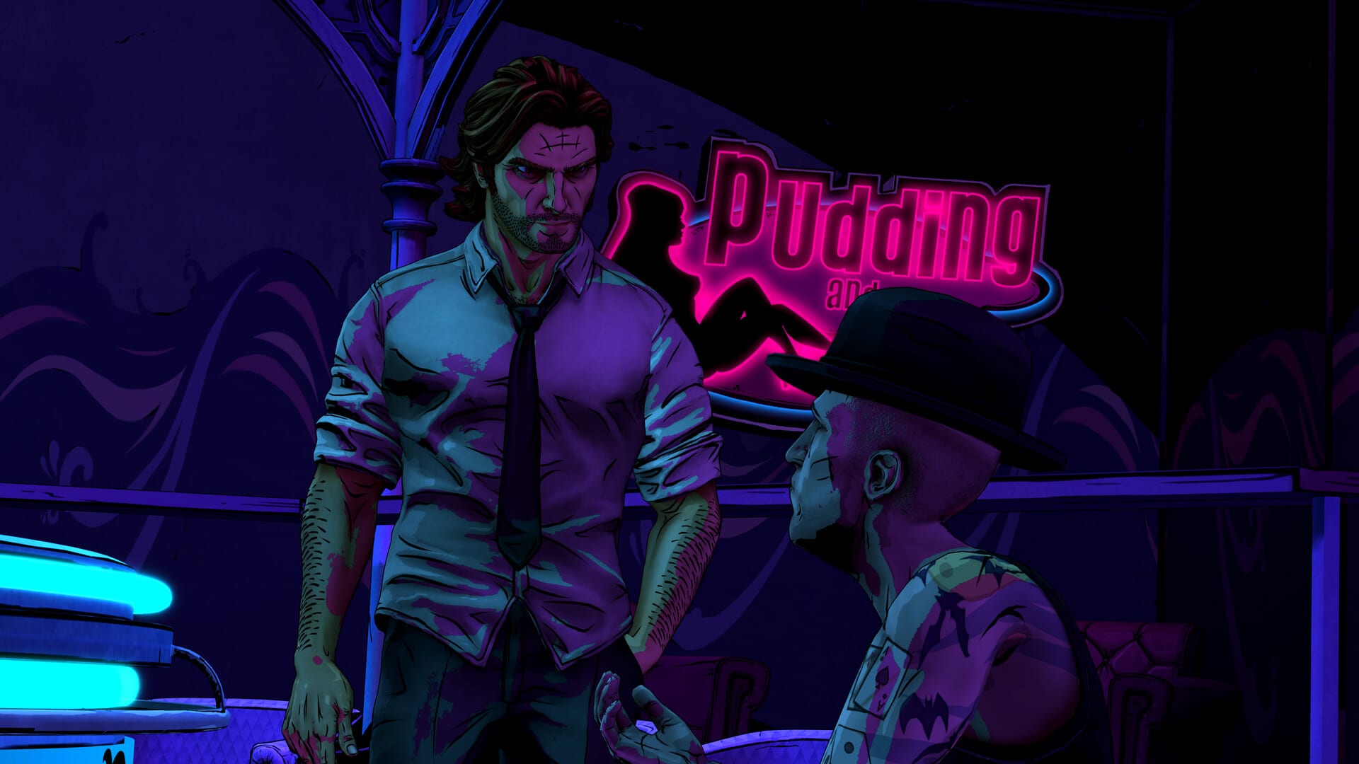 Captura de The Wolf Among Us Remastered: Bigby Wolf frente a un hombre con sombrero bajo un letrero de neón.