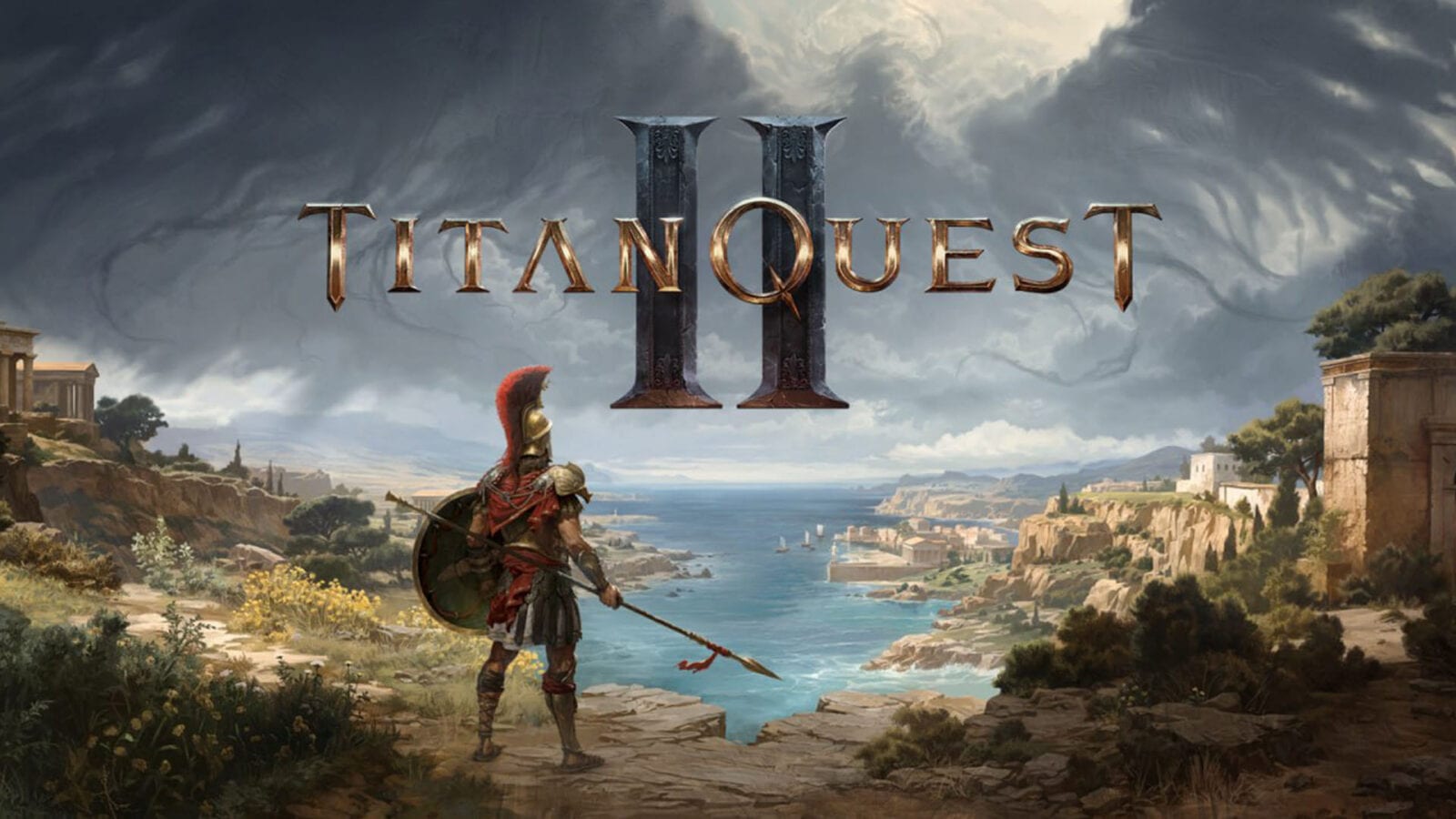 Arte oficial de Titan Quest II con un guerrero griego de espaldas, con escudo y lanza, frente a una bahía bajo un cielo de tormenta.