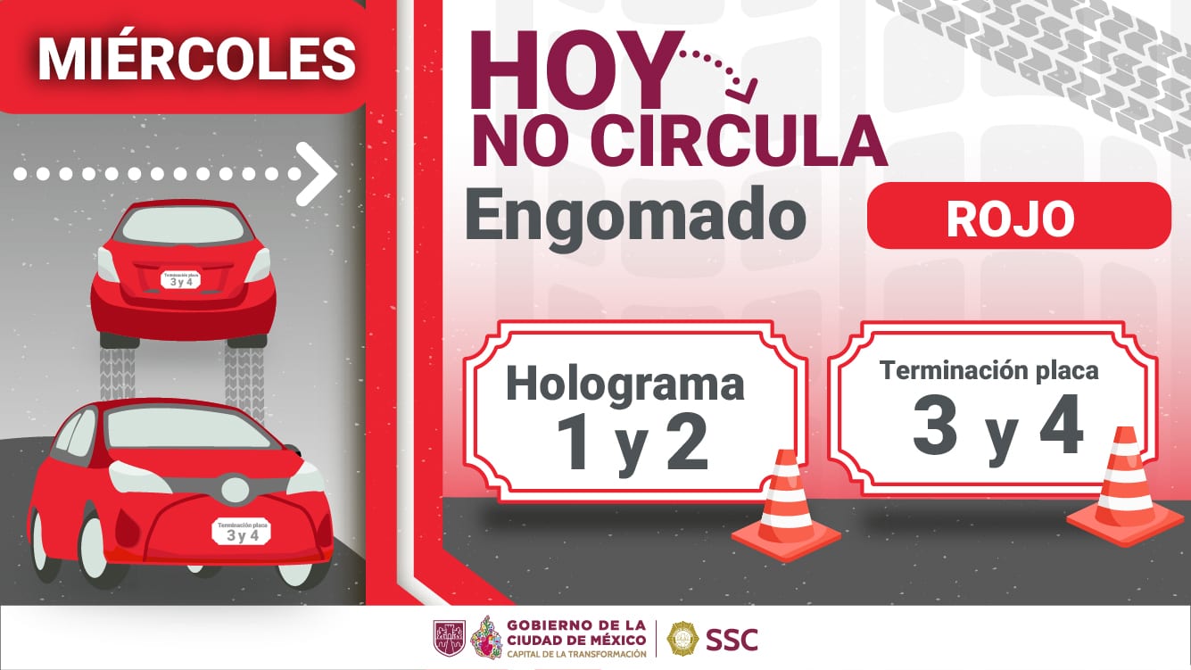 Cartel rojo y blanco de la SSC con dos autos rojos y la leyenda Hoy No Circula, miércoles, engomado rojo, holograma 1 y 2, placas terminadas en 3 y 4.