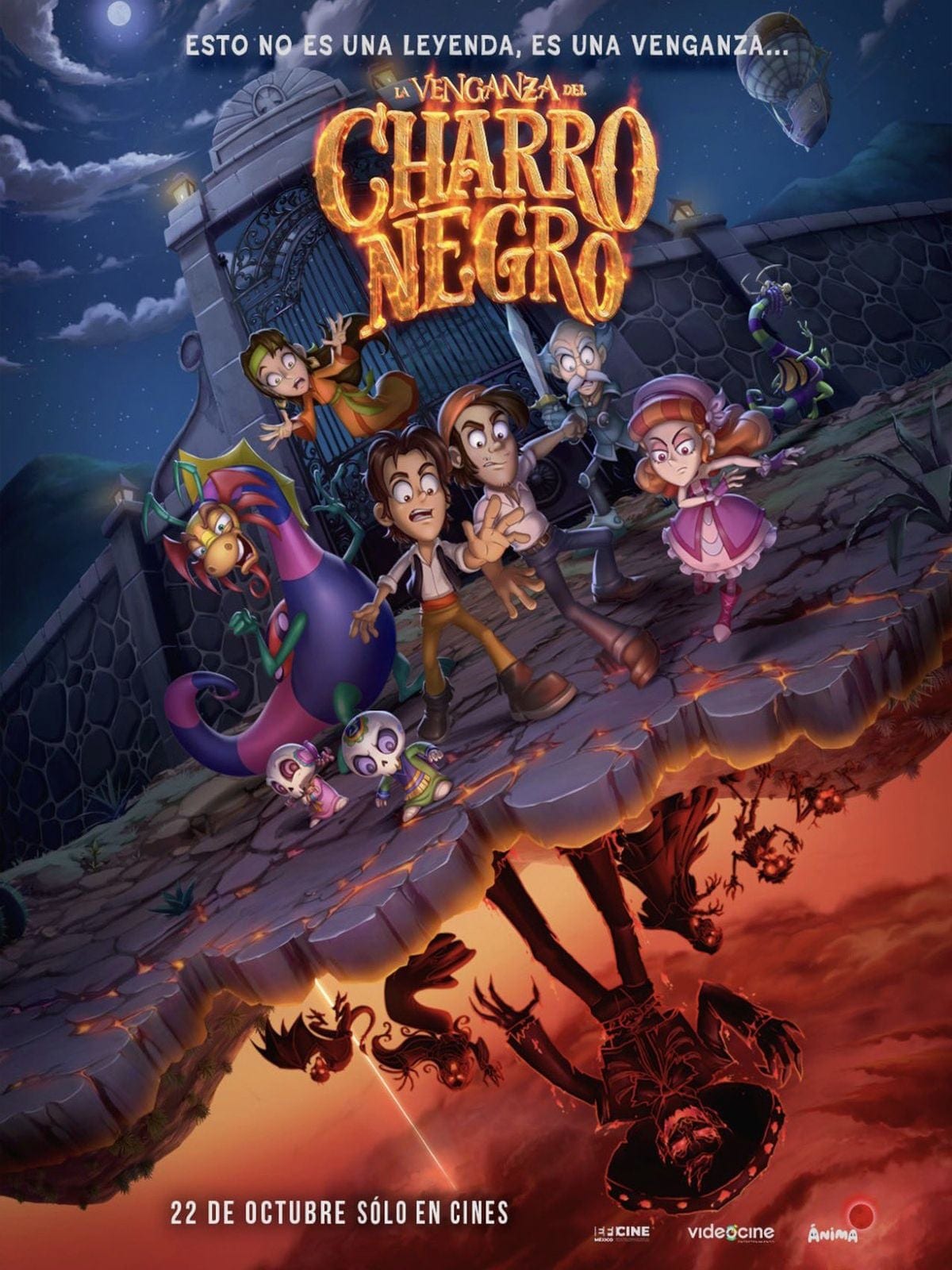 Cartel animado con Leo, Nando y sus amigos al borde de un risco agrietado de lava, y la silueta invertida del Charro Negro en rojo abajo, bajo una noche de luna.
