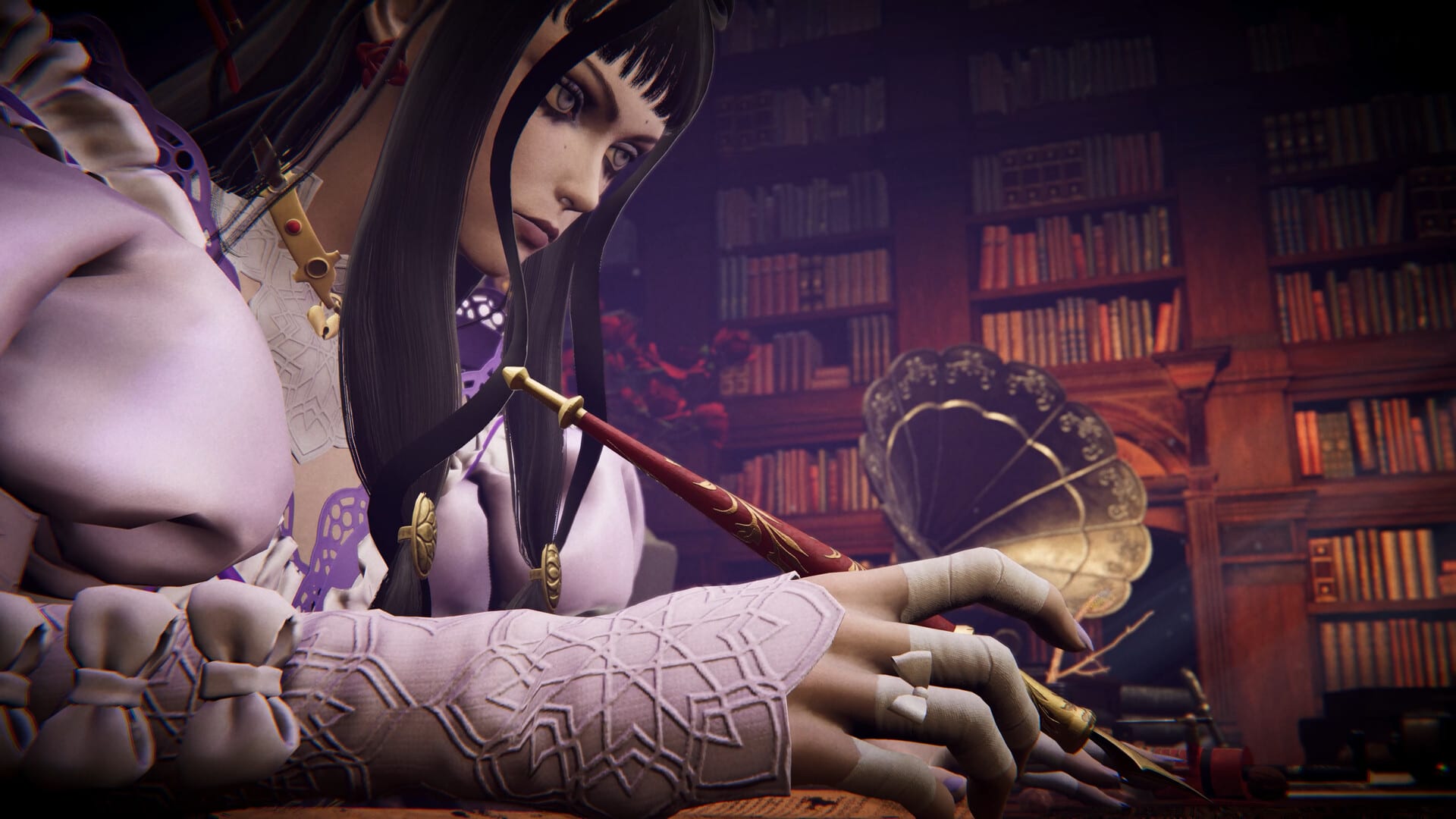 Captura de Chronoscript: The Endless End: una mujer de cabello oscuro dibuja con pluma en una biblioteca.