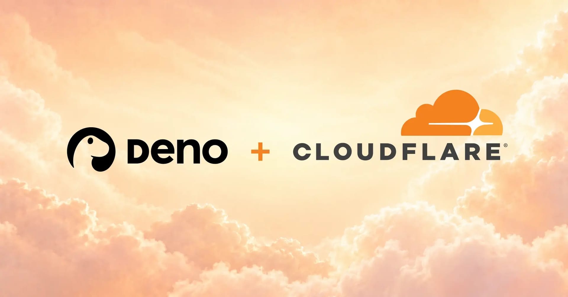 The Deno and Cloudflare logos joined by a plus sign, against a background of orange-tinted clouds.