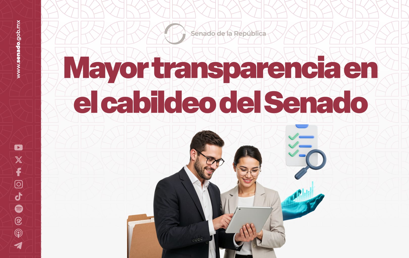 Gráfica del Senado con el lema sobre transparencia en el cabildeo y dos personas de traje que revisan una tableta junto a un icono de lista.