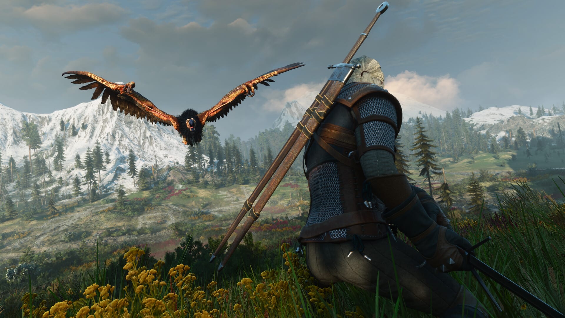 Geralt de Rivia, de espaldas y con dos espadas al hombro, observa un grifo con las alas abiertas sobre un valle con montañas nevadas.