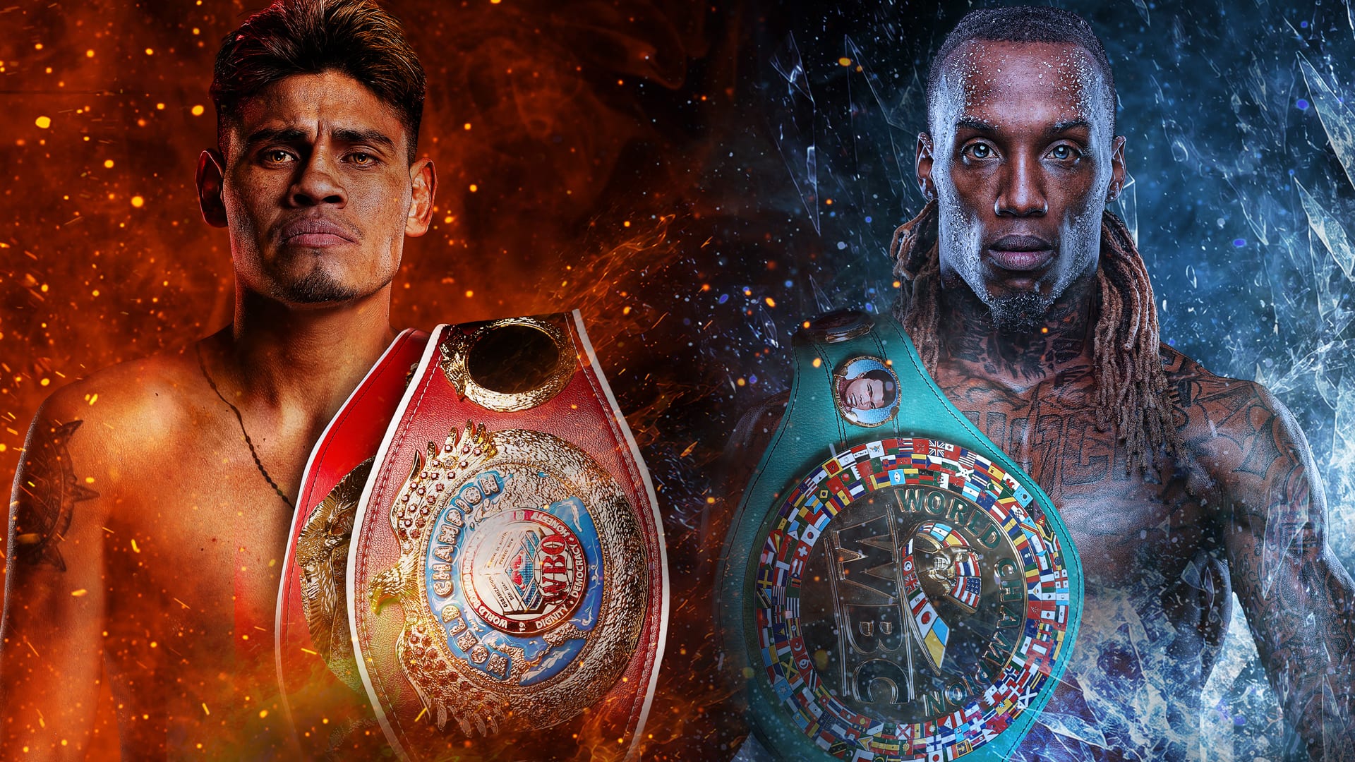 Dos boxeadores de frente, divididos entre fondo de fuego y de hielo, cada uno con un cinturón de campeón al frente, el rojo a la izquierda y el verde a la derecha.