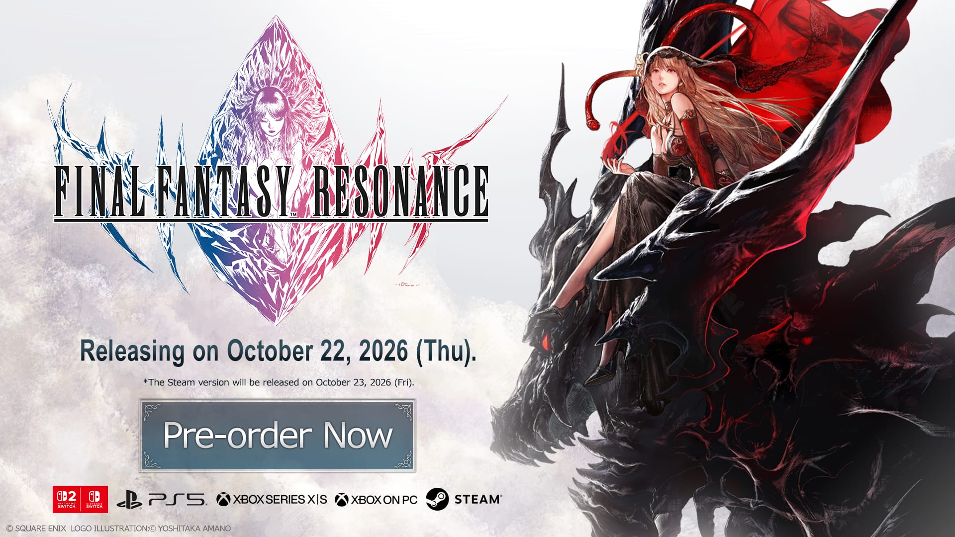 Arte oficial con el logotipo de Final Fantasy Resonance, una mujer de vestido rojo y negro sobre una criatura oscura, y el texto de la fecha de lanzamiento.