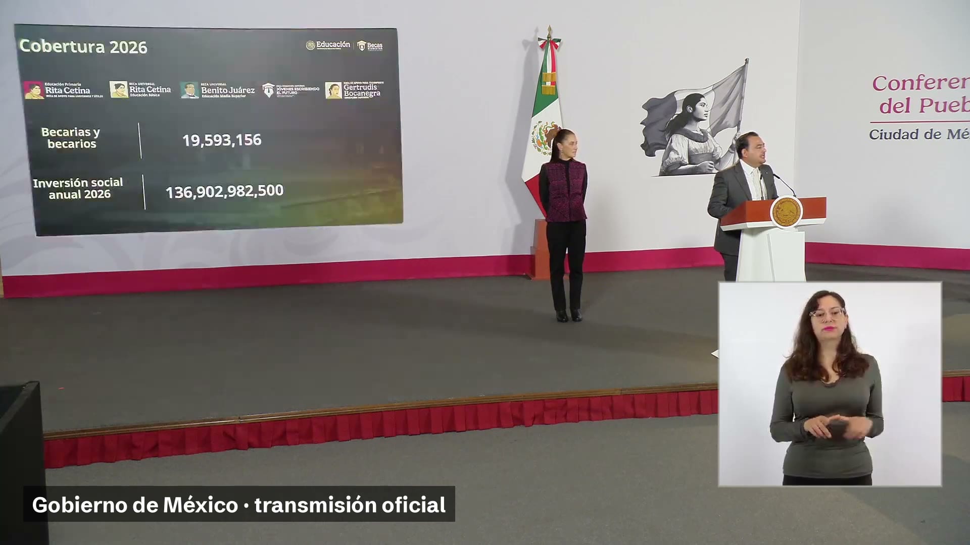 El secretario de Educación habla en el podio de la conferencia matutina; a la izquierda, una lámina con la cobertura de becas 2026 y, al centro, la presidenta de pie.