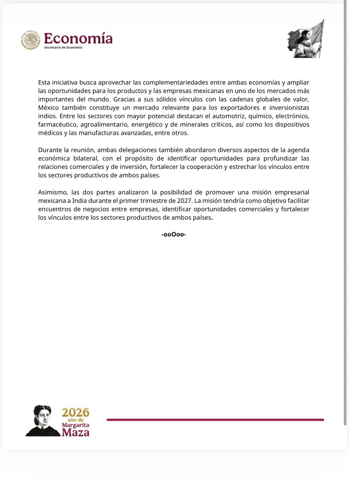 Second page of release 102: the sectors with the most potential and a possible Mexican business mission to India in the first quarter of 2027.