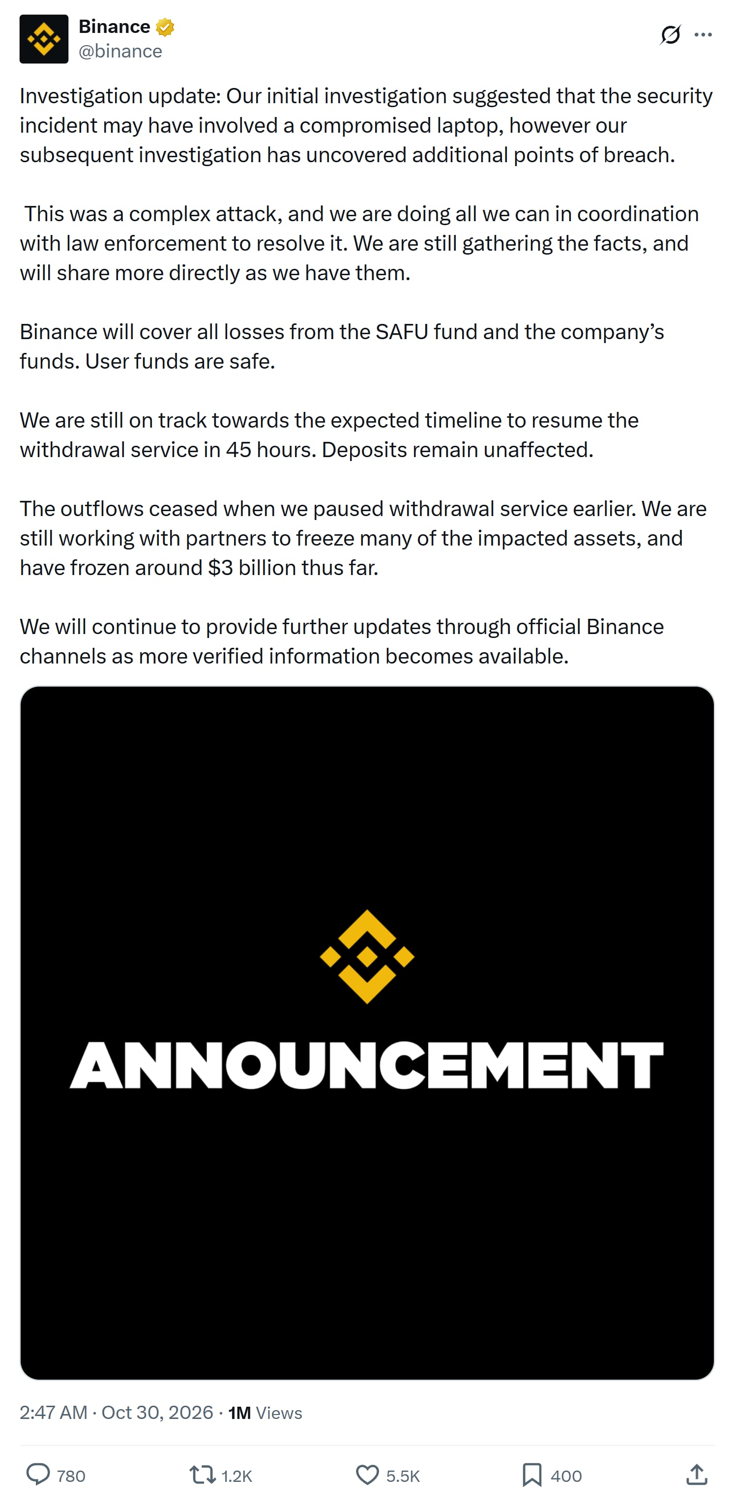 A Binance post on X giving an investigation update, with the figure of about $3 billion frozen and the promise to cover all losses.