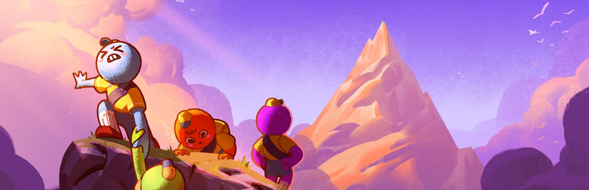 Three round, colorful characters climb a rock at sunset, with a pointed mountain rising behind them among pink clouds.