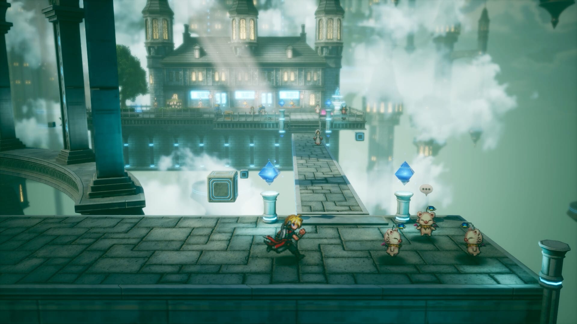 A blond pixel-art hero in a red cape runs across a stone platform near three moogles and two blue crystals, with a mansion floating among clouds behind.