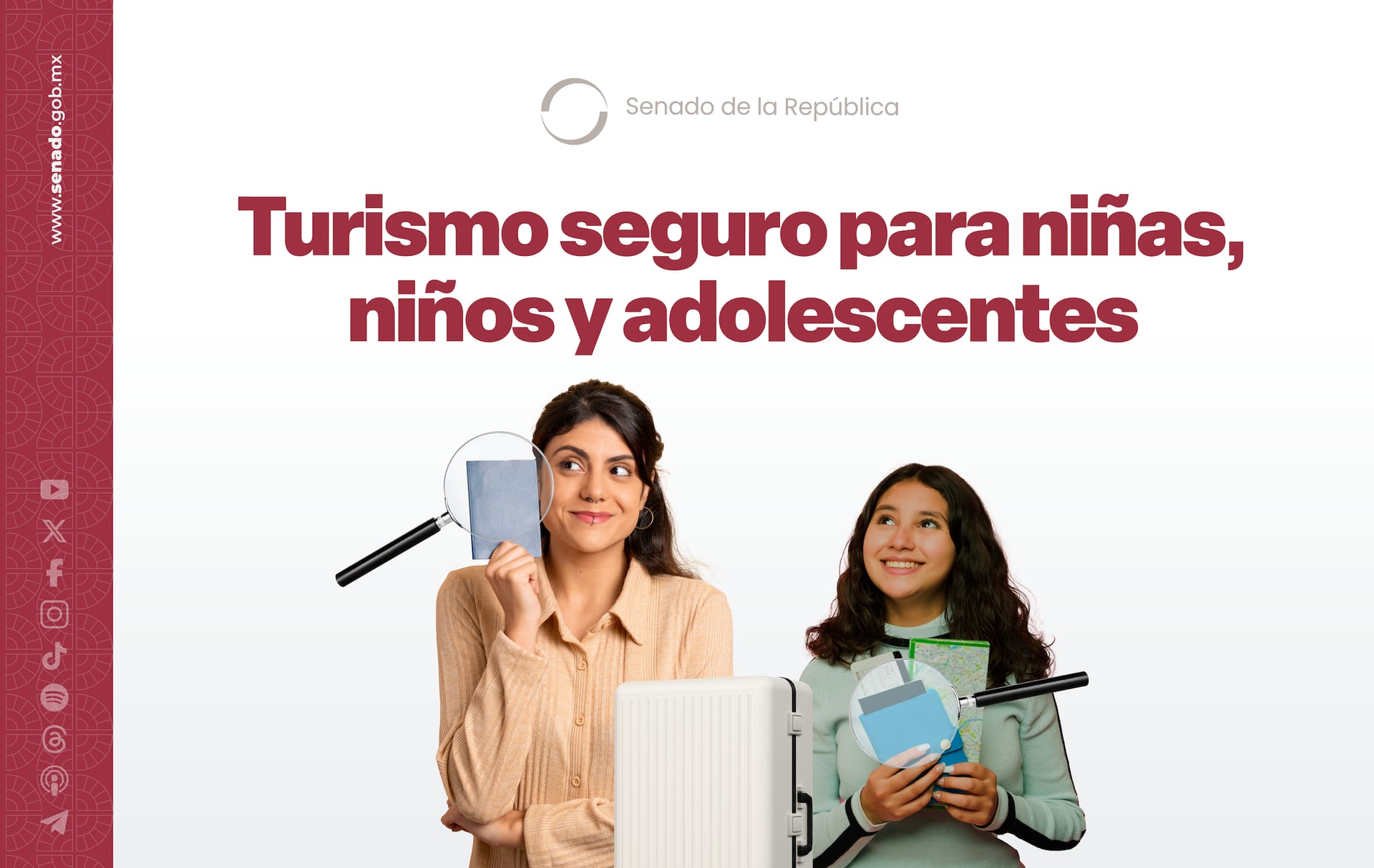 Cartel del Senado con el texto Turismo seguro para niñas, niños y adolescentes y dos mujeres jóvenes con pasaporte, mapa y maleta.