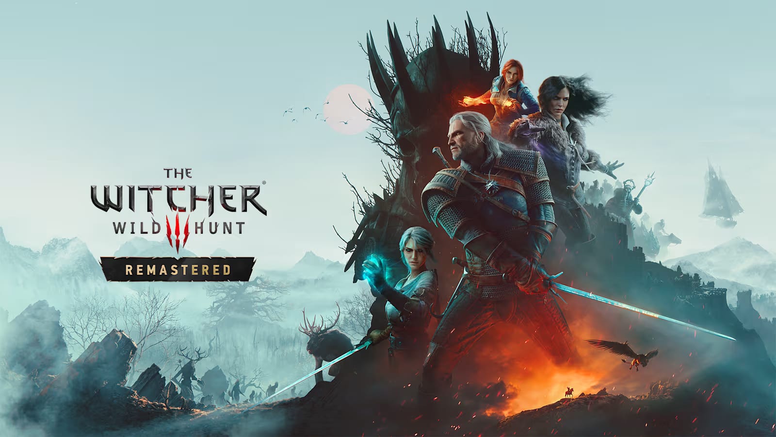 Arte oficial de The Witcher 3 Wild Hunt Remastered con Geralt de Rivia junto a Ciri y dos hechiceras frente a un árbol muerto y espinoso, bajo el logotipo Remastered.