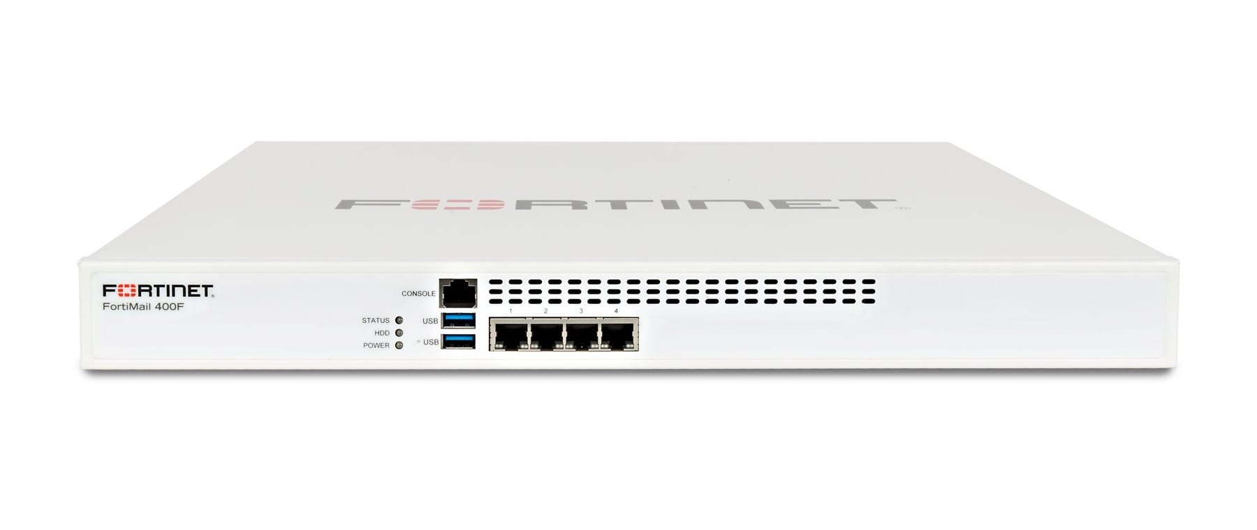 Frente de un equipo FortiMail 400F, un chasis blanco de rack con puertos de red, entradas USB y el logotipo de Fortinet.