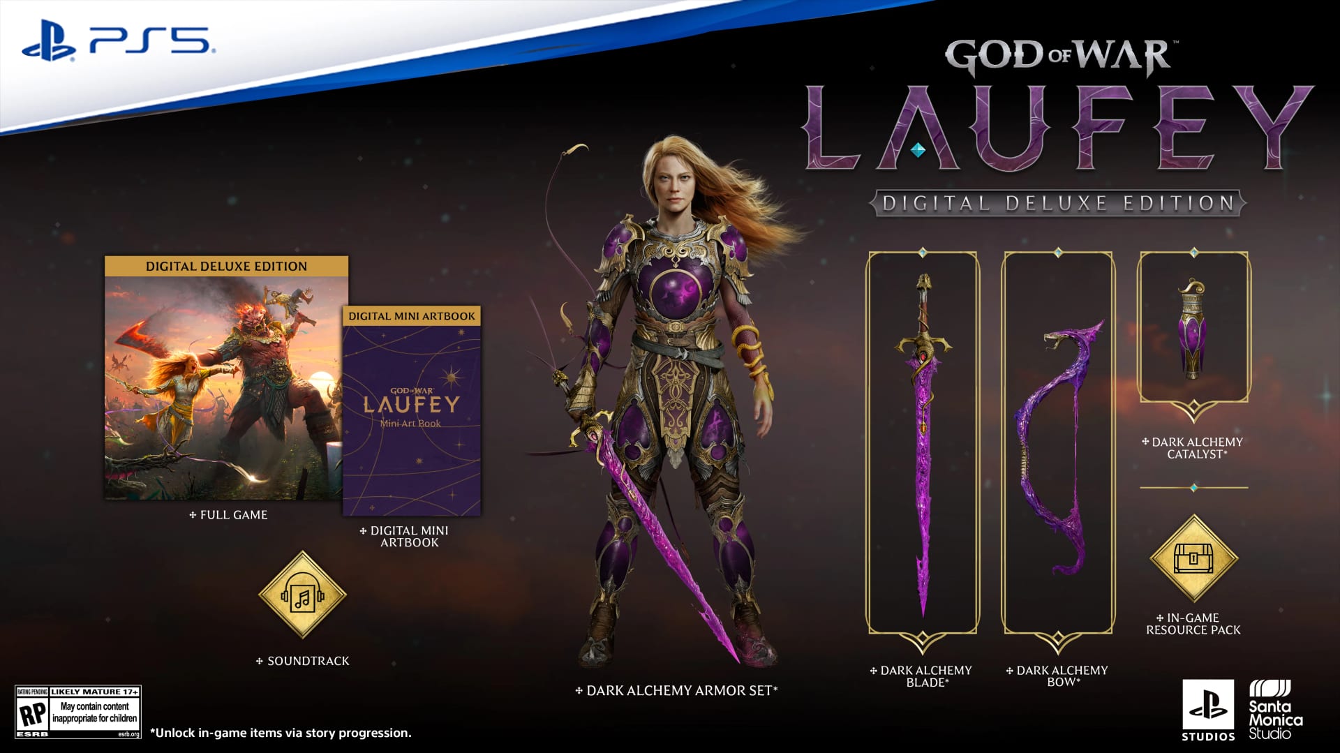 La Edición Digital Deluxe de God of War Laufey, con la armadura, la espada, el arco, el catalizador y el mini artbook que incluye.