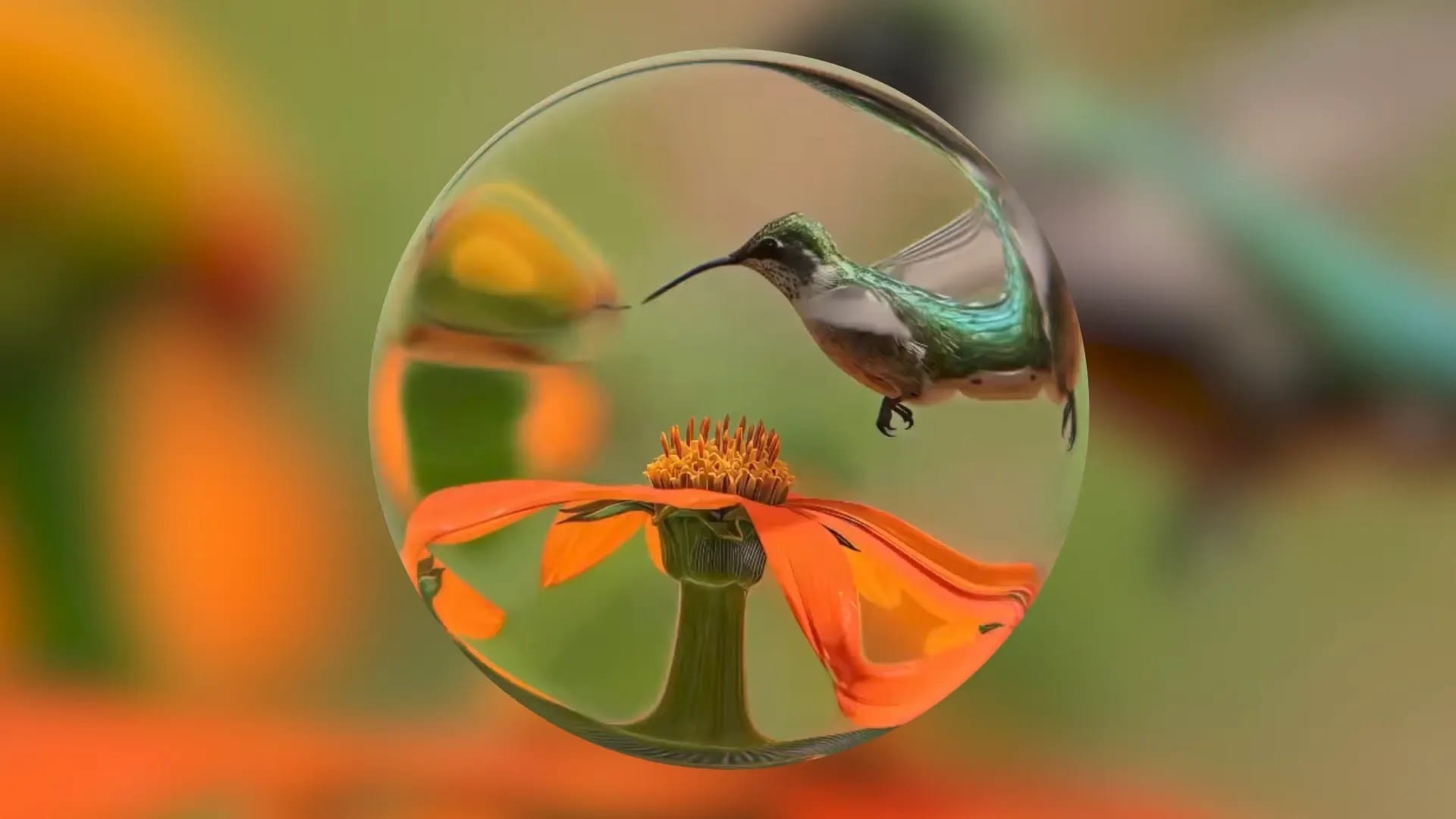Un colibrí de plumaje verde se cierne sobre una flor naranja dentro de una esfera transparente, con un fondo desenfocado de tonos verdes y naranjas.