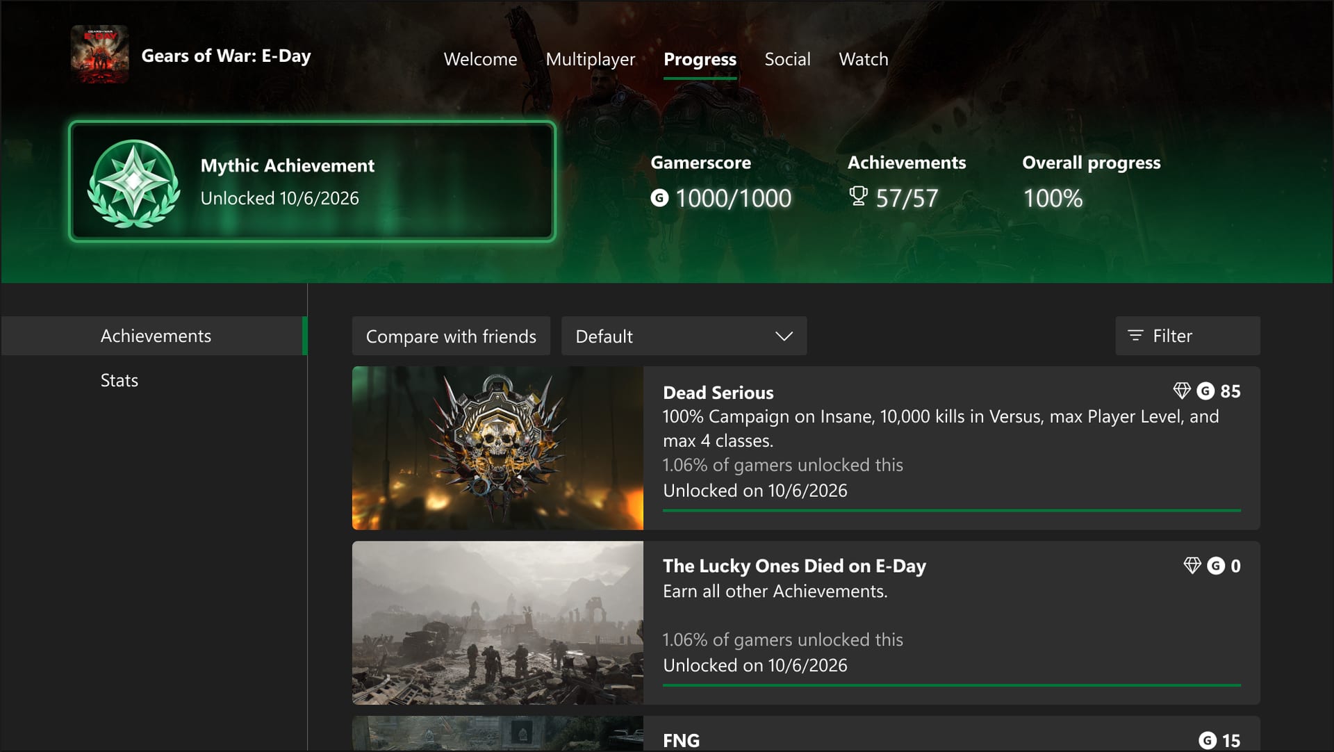 Pantalla de progreso de Gears of War E-Day con un emblema verde de estrella, el Gamerscore completo y una lista de logros debajo.