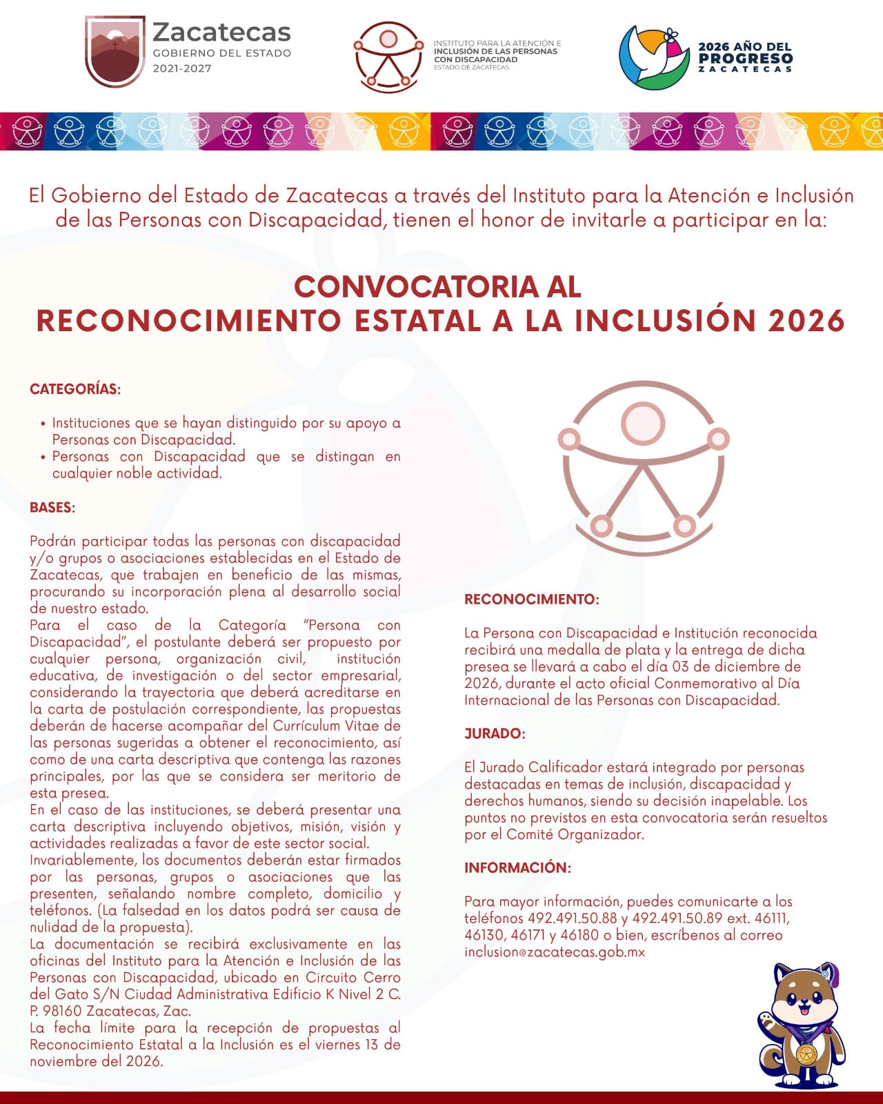 Cartel de la convocatoria al Reconocimiento Estatal a la Inclusión 2026 del Gobierno de Zacatecas, con categorías, bases, jurado y fecha límite del 13 de noviembre.