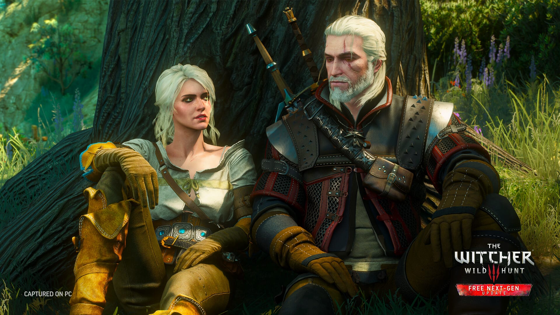 Geralt de Rivia, de espaldas y a caballo, contempla una cordillera nevada junto a un camino con banderines de colores.