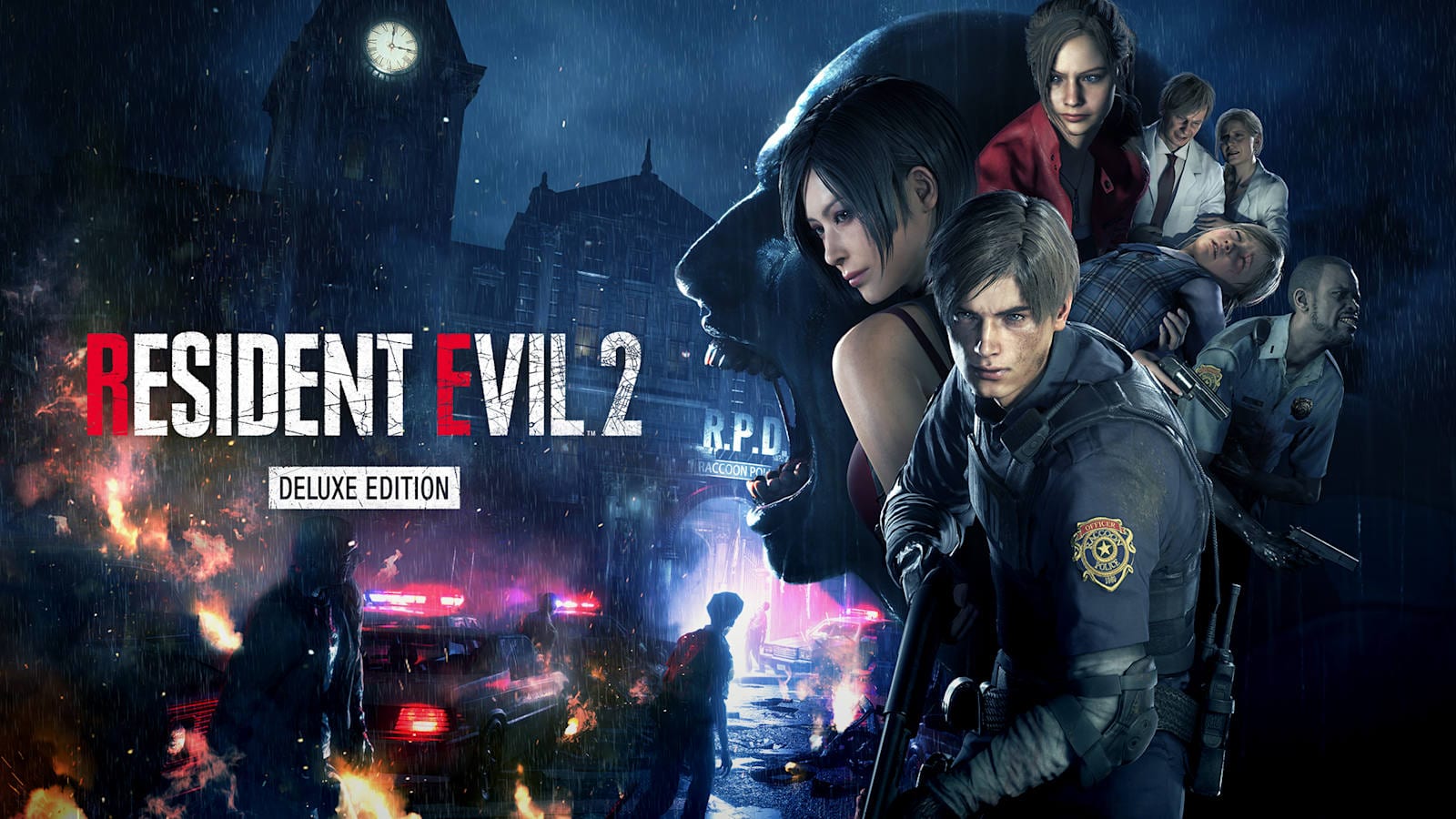 Box art for Resident Evil 2 Deluxe Edition showing Leon, Claire and Ada Wong in front of the Raccoon City police station, in the rain, with patrol cars lit up.