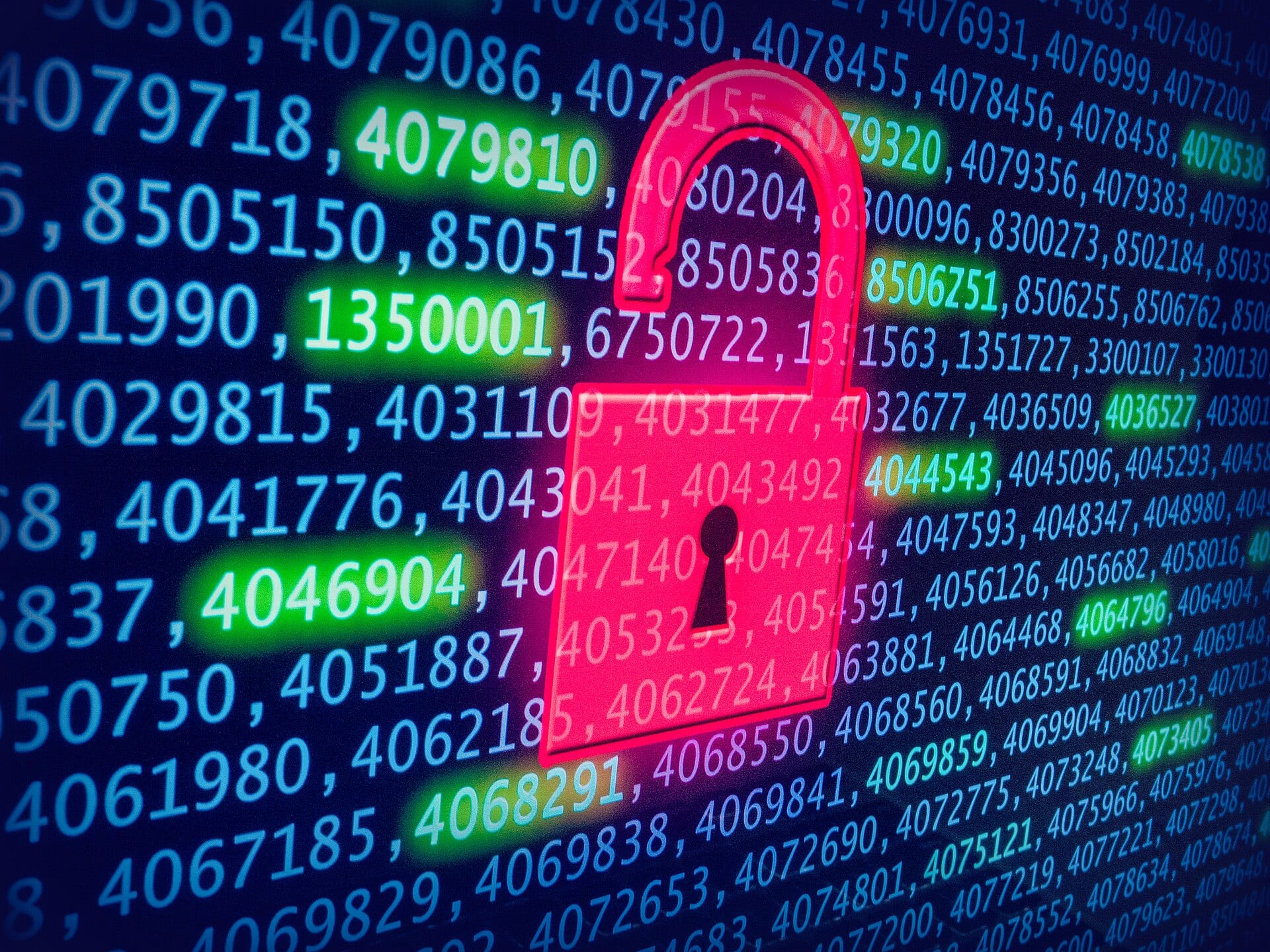 Un candado digital rojo abierto se superpone a una pantalla llena de largas cadenas de números en azul y verde.