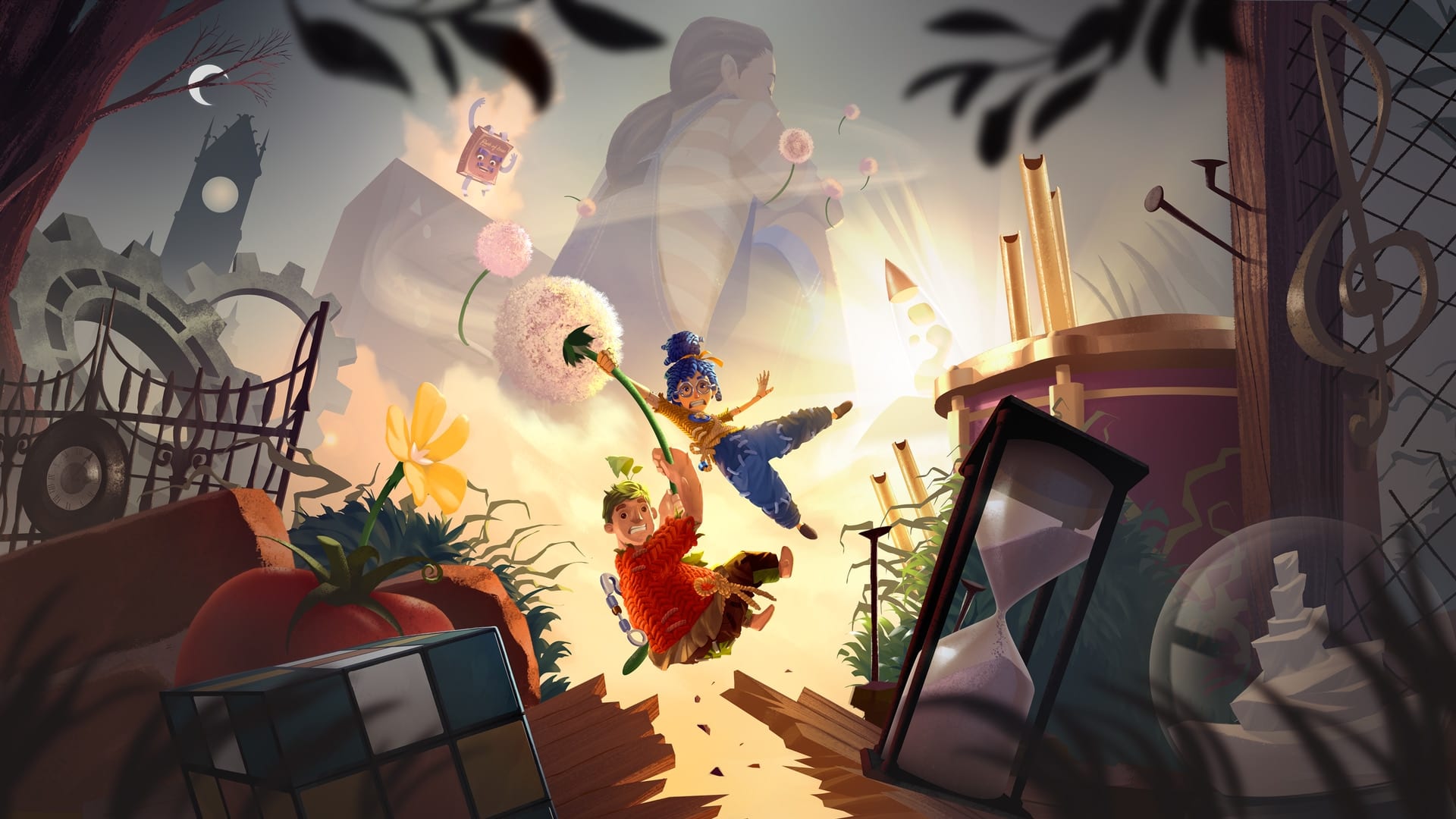 Arte oficial horizontal de It Takes Two con los dos protagonistas convertidos en muñecos, May y Cody, en un escenario de colores saturados.