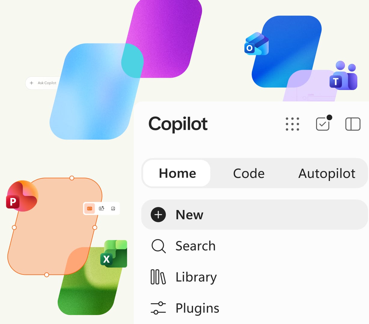 Imagen promocional con la interfaz de la nueva app de Copilot y sus secciones Home, Code y Autopilot.