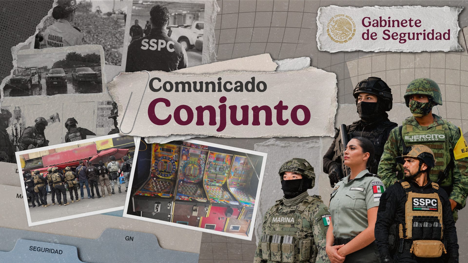 Gráfica del comunicado con la foto de un grupo de agentes frente a un local y otra de varias máquinas tragamonedas, junto a elementos uniformados.